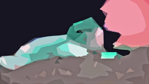 Abstrakte Low-Poly-Komposition: eine mintgrüne, facettierte Form liegt auf einem grauen, steinigen Untergrund, rechts oben ragt eine rosafarbene Form ins Bild, der Hintergrund links ist dunkel.