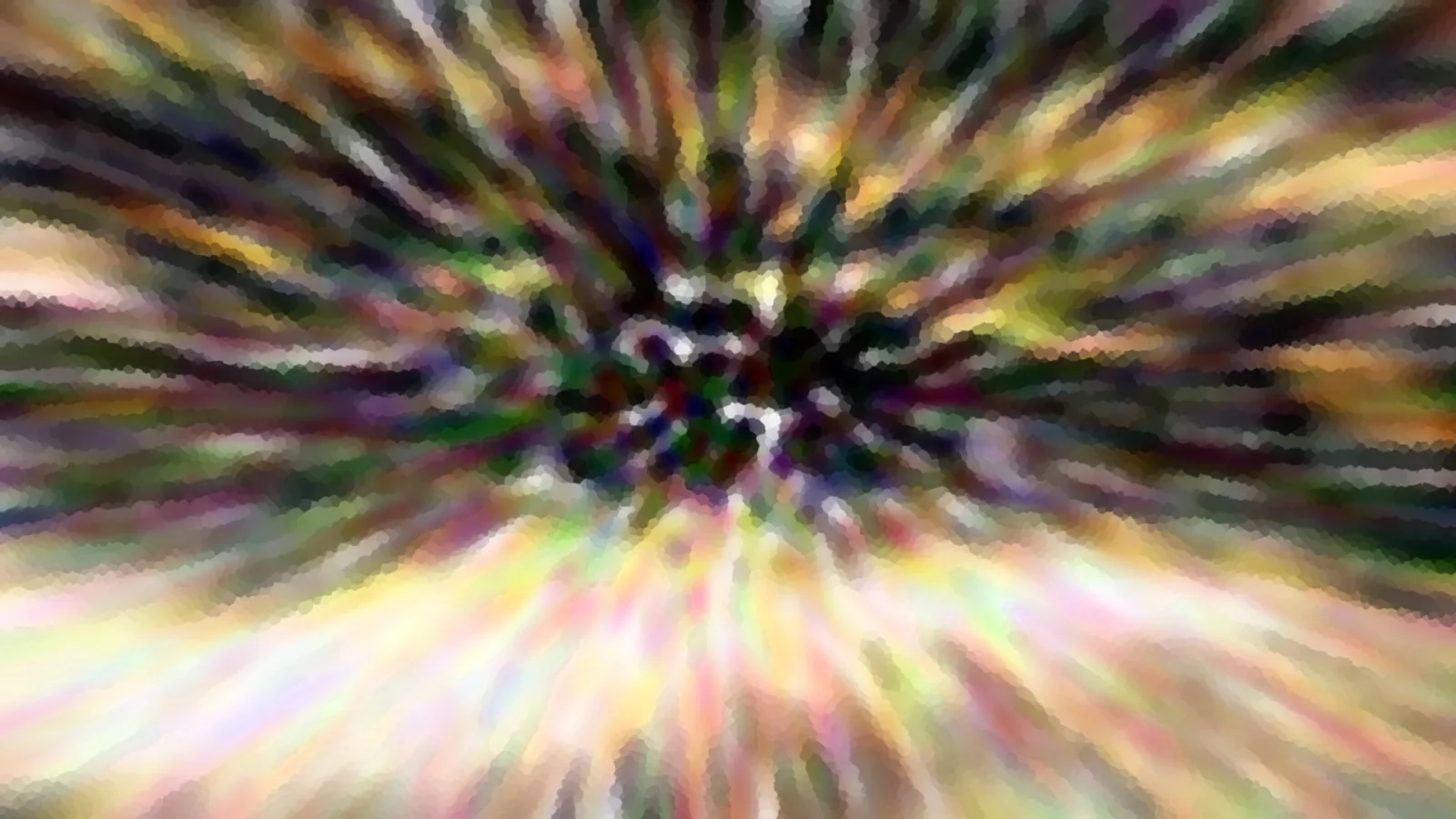 Abstrakte Zoom-Unschärfe mit bunten Streifen, die von einem dunklen Zentrum nach außen laufen.