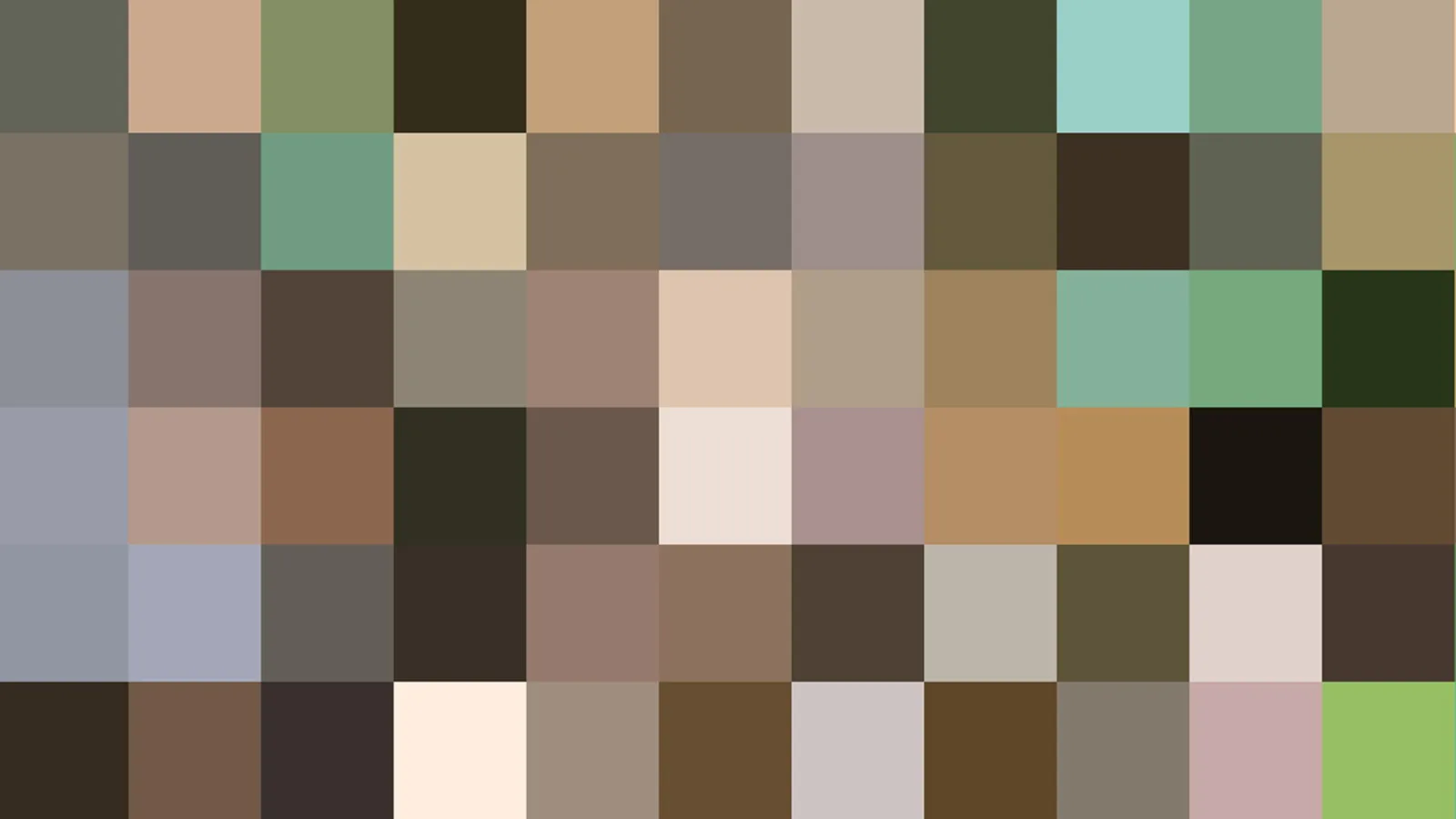 Grobes Mosaik aus quadratischen Farbblöcken in Braun-, Olivgrün- und Beigetönen, vereinzelt mit hellem Türkis.