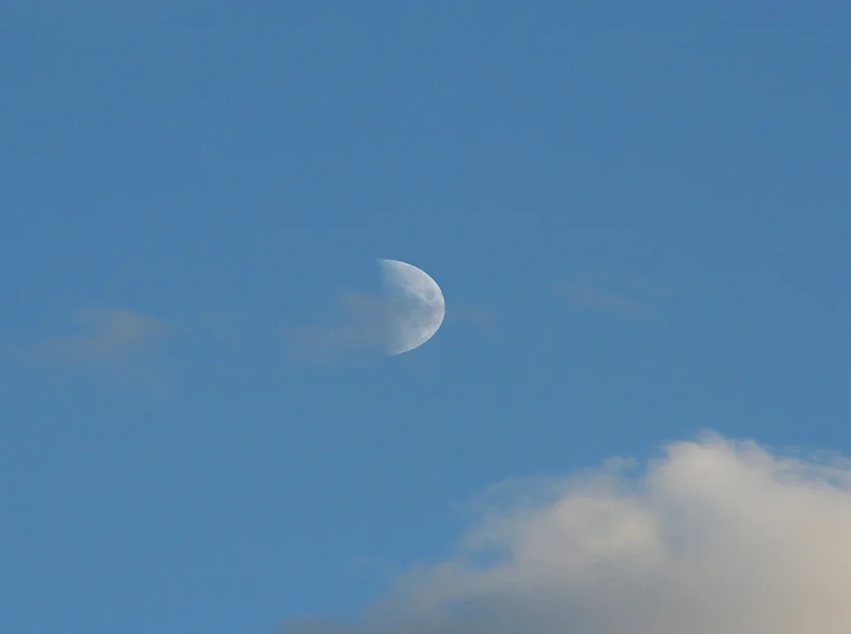Ein halb beleuchteter Mond vor klar blauem Himmel, unten rechts eine helle Wolke.