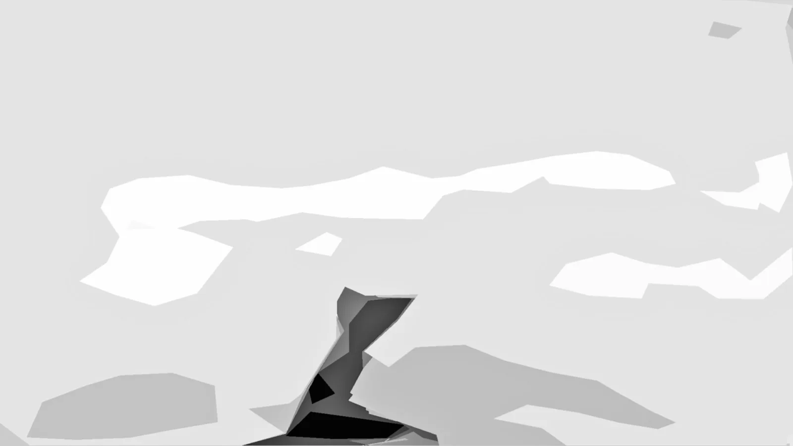 Abstrakte Komposition aus hellgrauen und weißen Polygonflächen auf hellem Grund, unten Mitte eine dunkle, zackige Form.