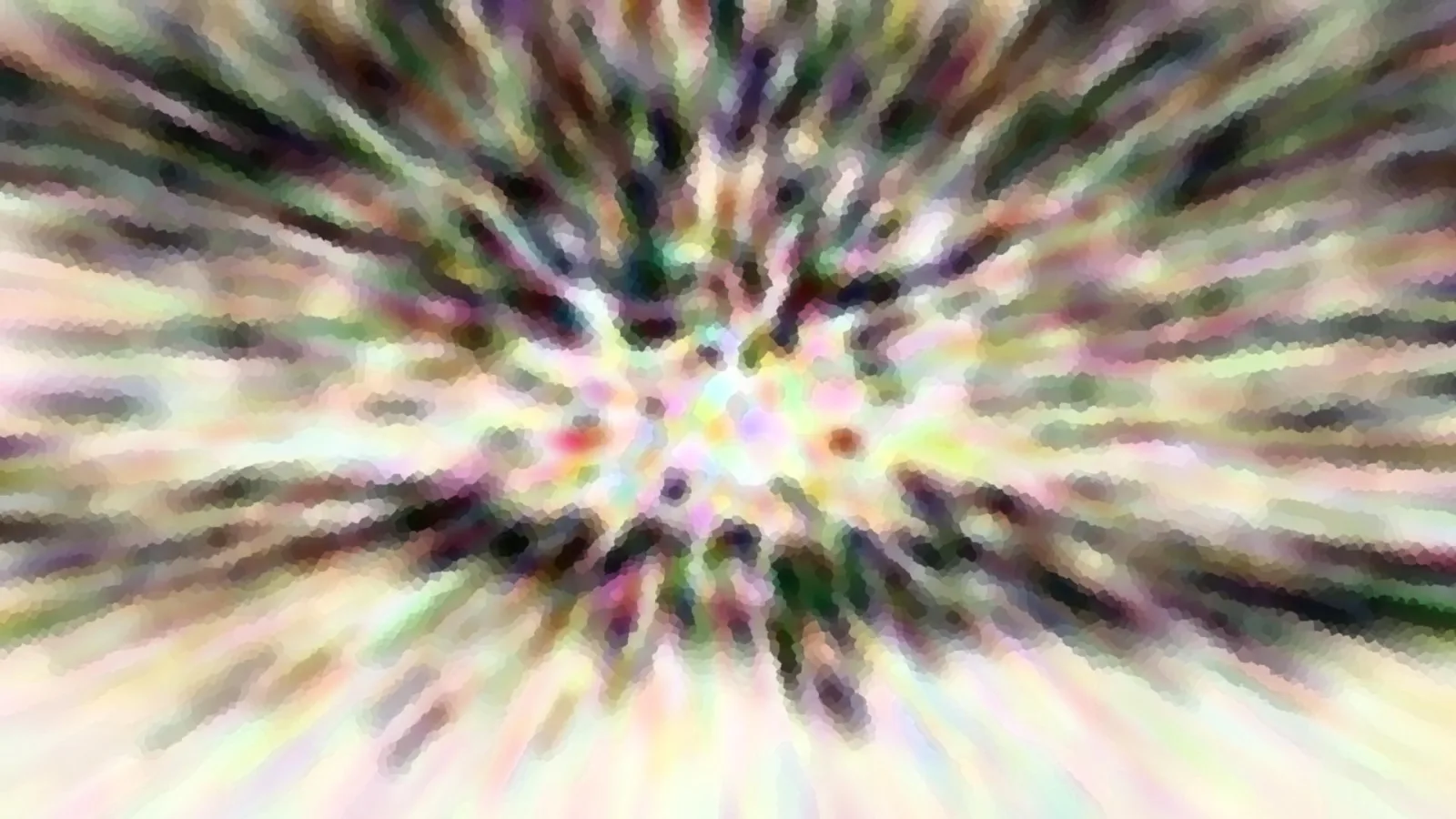 Abstraktes Bild mit radialem Zoomeffekt: bunte, verwischte Streifen in Grün, Lila, Schwarz und Pastelltönen laufen von einem hellen Zentrum nach außen.