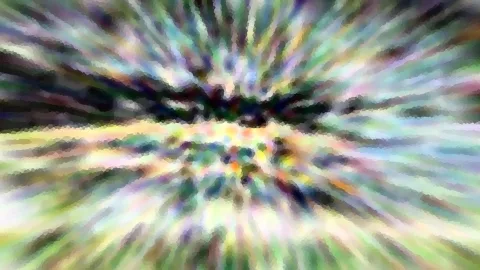 Abstrakte Komposition aus radial von der Mitte nach außen laufenden, bunten Schlieren in Grün, Violett und Gelb, mit einem dunkleren Bereich im oberen Mittelteil und pixeliger Struktur.
