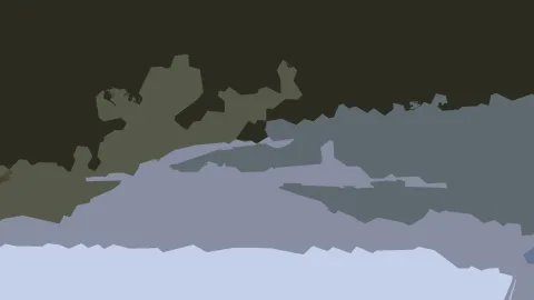 Abstraktes Bild aus flächigen, unregelmäßig geformten Feldern in Dunkelgrün, Graugrün, Lavendelgrau und Hellblau, die von oben nach unten heller werden.