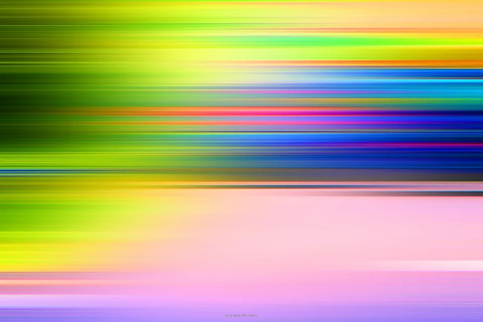 Horizontal verwischte Streifen in Grün, Gelb, Blau, Orange und Rosa, nach unten in Violett übergehend.