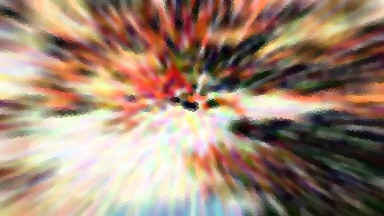 Abstrakte Komposition aus bunten Farbstreifen, die von einem dunklen Zentrum radial nach außen strahlen, mit mosaikartiger Pixelstruktur.