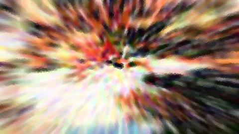 Abstrakte Komposition aus bunten Farbstreifen, die von einem dunklen Zentrum radial nach außen strahlen, mit mosaikartiger Pixelstruktur.