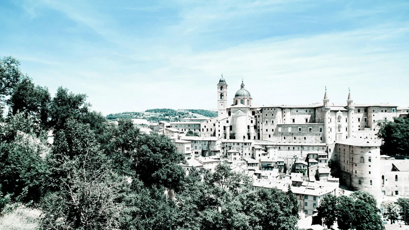 Blick auf die mittelalterliche Stadt Urbino mit Domkuppel, Kirchturm und Backsteinhäusern unter blauem Himmel, im Vordergrund dichte Bäume.