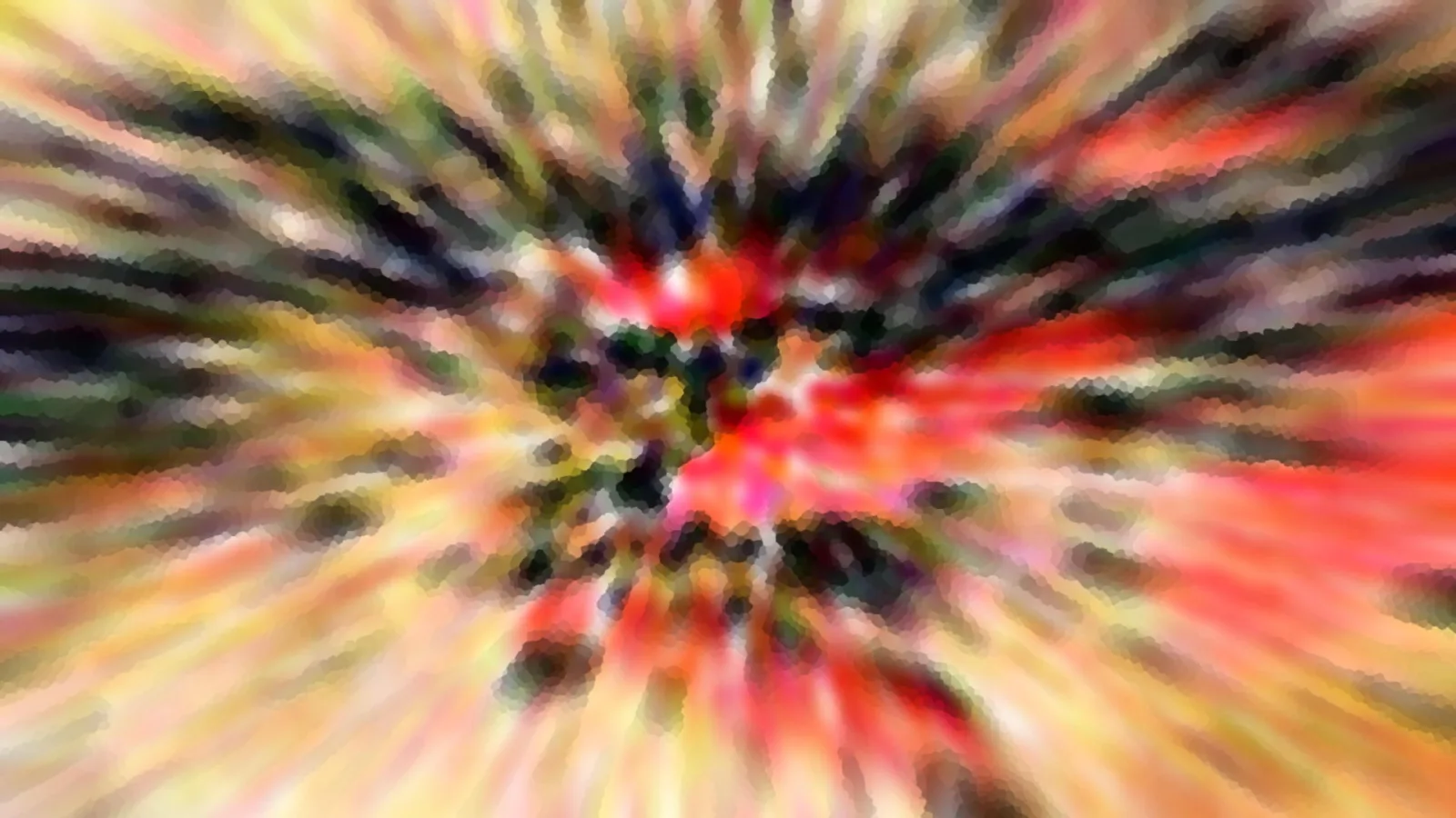 Abstraktes Bild mit radialem Zoomeffekt: Rote, orangefarbene und gelbe Streifen laufen von einem hellen Zentrum nach außen, dazwischen dunkle grüne und schwarze Flecken, das Bild wirkt grob gerastert.