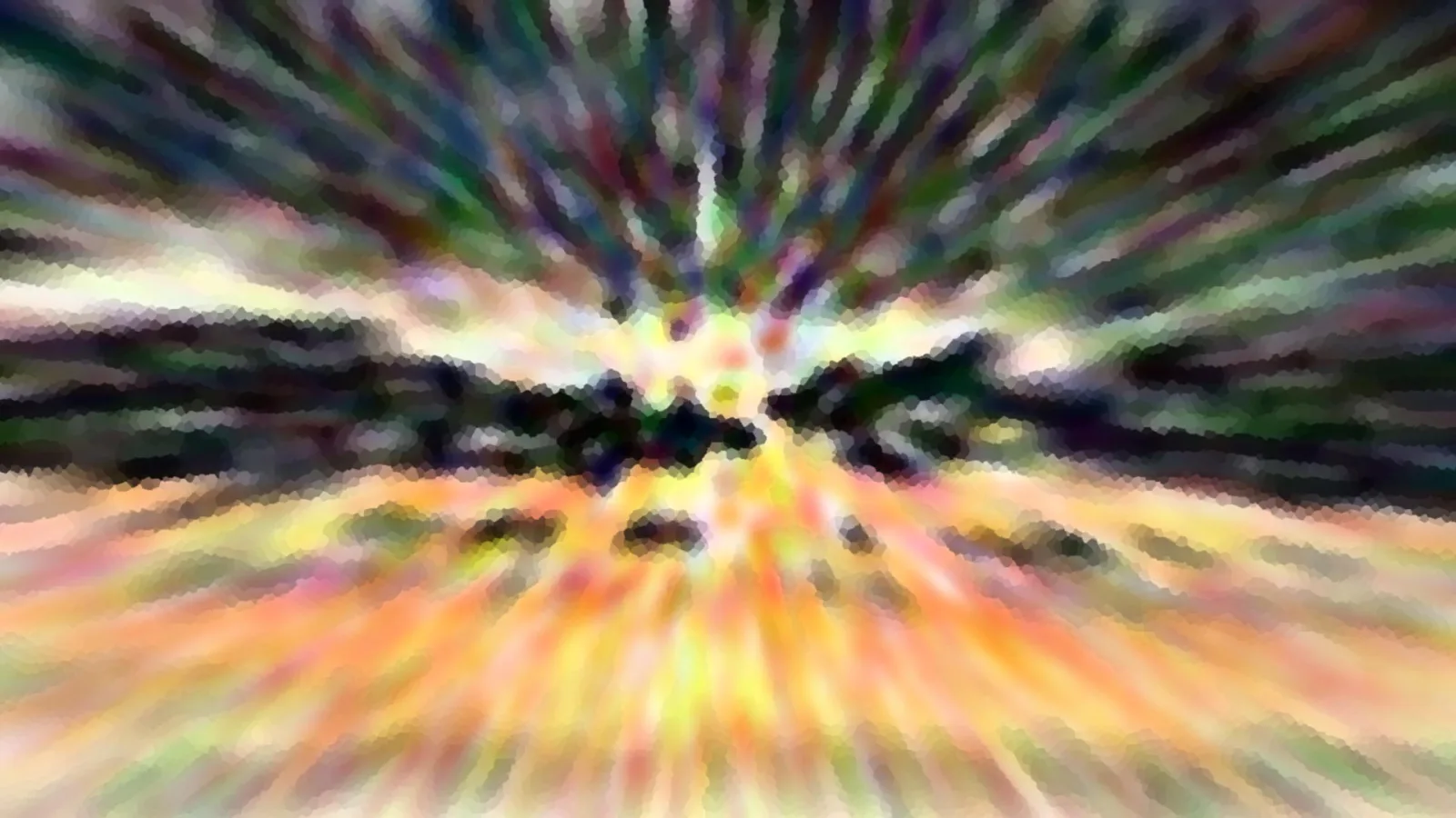 Abstrakte Komposition aus radial verlaufenden, bunten Streifen in Grün, Violett, Gelb und Orange mit mosaikartiger Struktur und dunkler Zone in der Mitte.