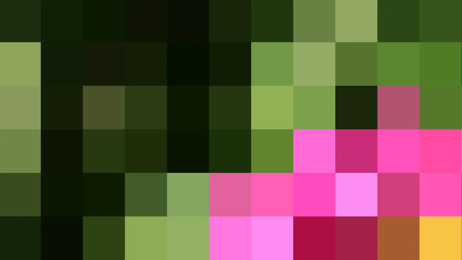 Ein Raster aus großen Pixelquadraten in Grüntönen, das in der unteren rechten Hälfte in Pink, Magenta und Gelb übergeht.