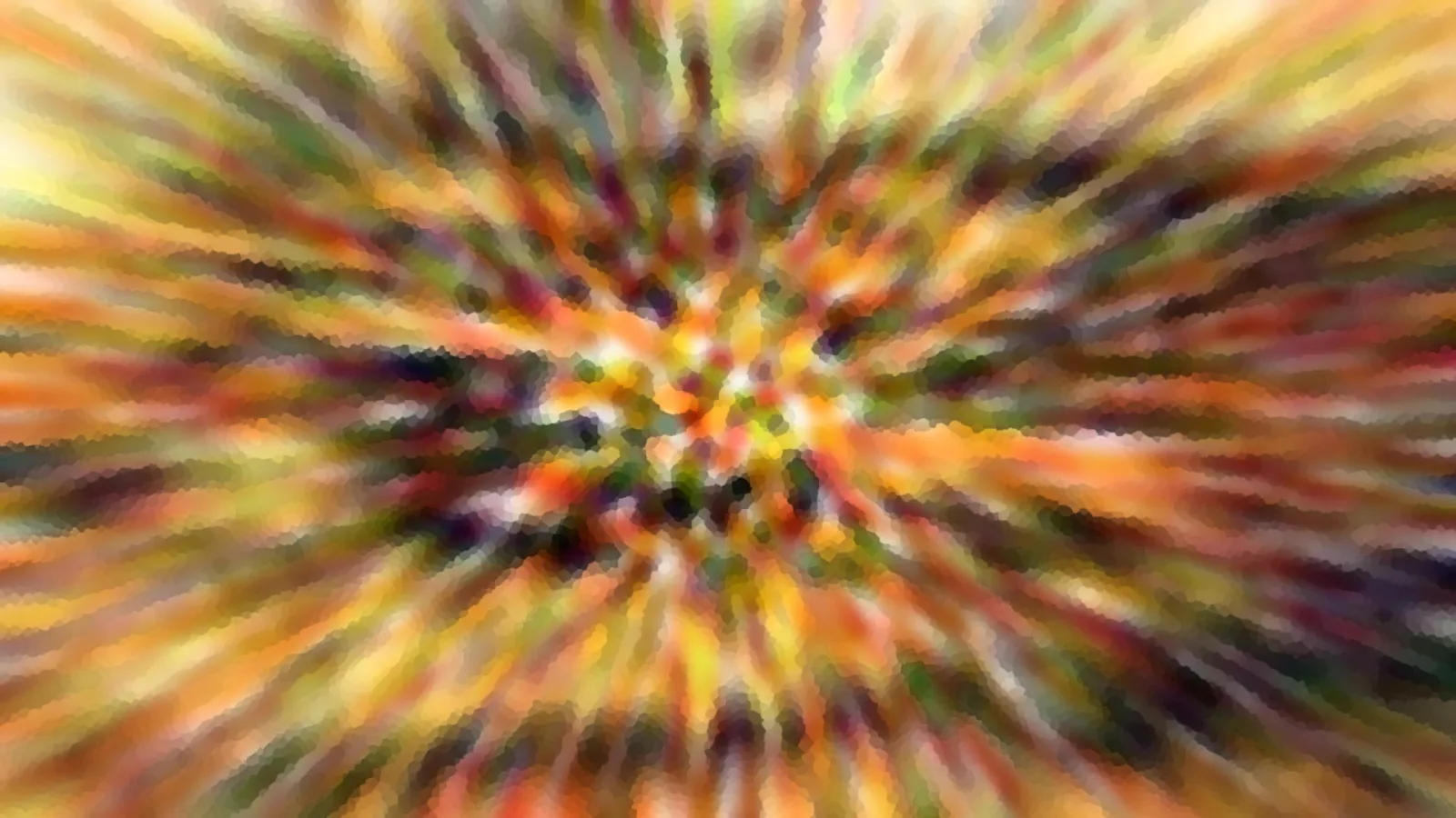 Abstrakte Komposition aus orangen, gelben und grünen Farbstreifen, die vom Mittelpunkt radial nach außen laufen.