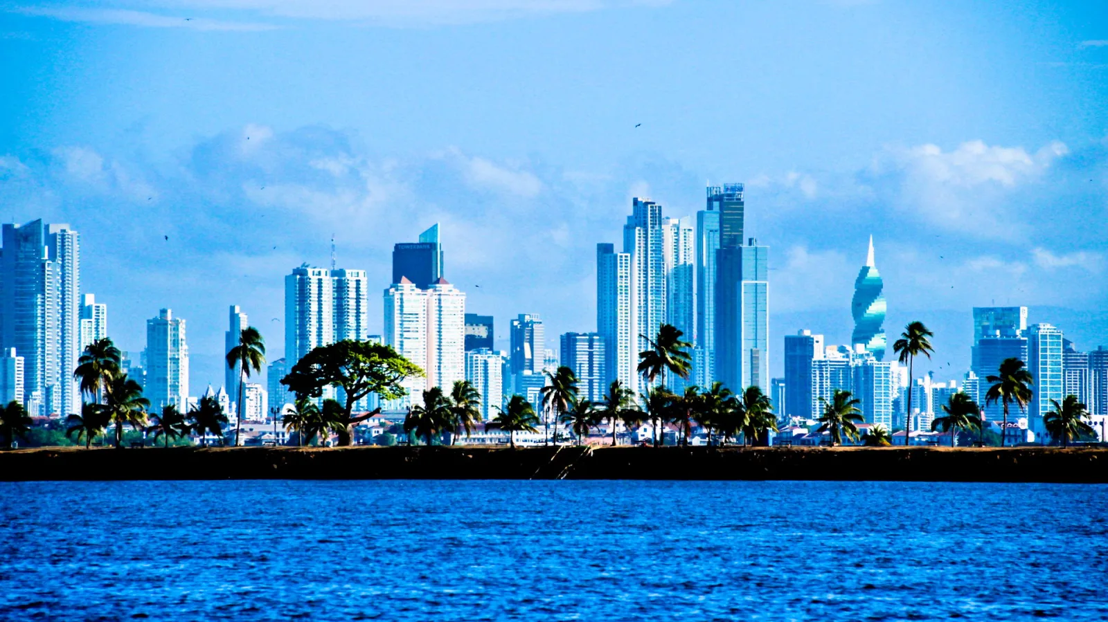 Hochhäuser der Skyline von Panama-Stadt hinter einer dunklen Uferlinie mit Palmen, davor blaues Meer unter leicht bewölktem Himmel.