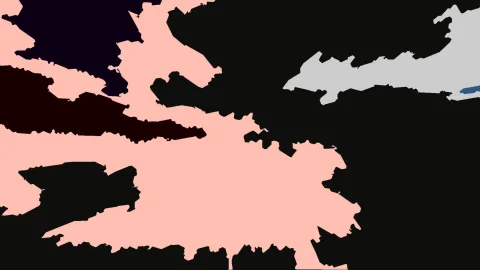 Abstrakte Komposition aus rosafarbenen, schwarzen und dunkelroten Flächen mit zackigen Rändern, rechts oben ein hellgraues Band.