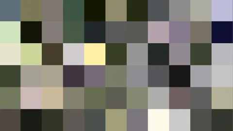 Mosaik aus kleinen, quadratischen Farbfeldern in Grau, Oliv, Beige und Dunkelblau auf einem Raster