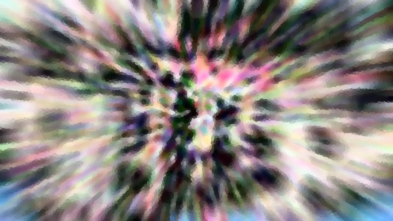 Abstraktes Bild mit bunten Farbstrahlen, die von einem dunklen Zentrum nach außen laufen, in grob gepixelter Mosaik-Optik.