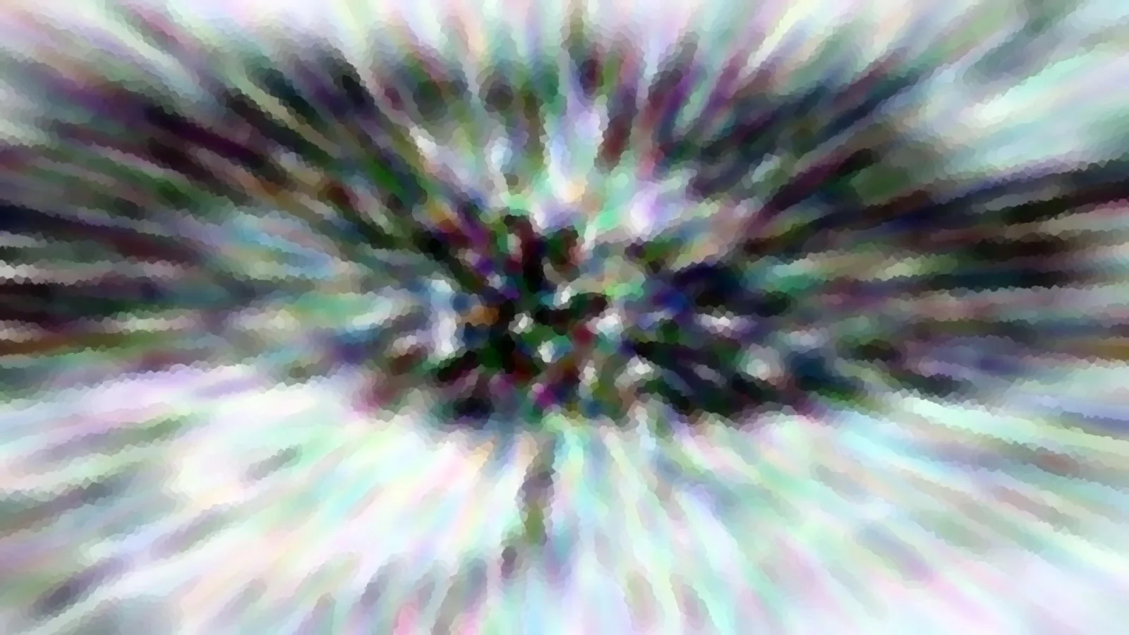 Abstraktes Bild mit radial von einem dunklen Zentrum nach außen laufenden Schlieren in Pastellfarben wie Grün, Lila und Weiß.