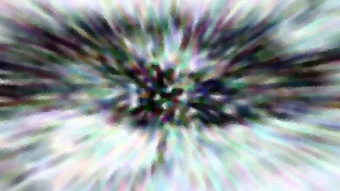 Abstraktes Bild mit radial von einem dunklen Zentrum nach außen laufenden Schlieren in Pastellfarben wie Grün, Lila und Weiß.