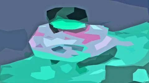Abstraktes Bild aus kantigen Flächen in Mintgrün, Grau und Rosa, im Zentrum eine helle, ringförmige Form.