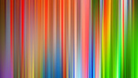Abstrakte Komposition aus dicht nebeneinanderliegenden, vertikalen Streifen in Rot, Orange, Blau, Gelb und Grün, die nach unten weich verlaufen.