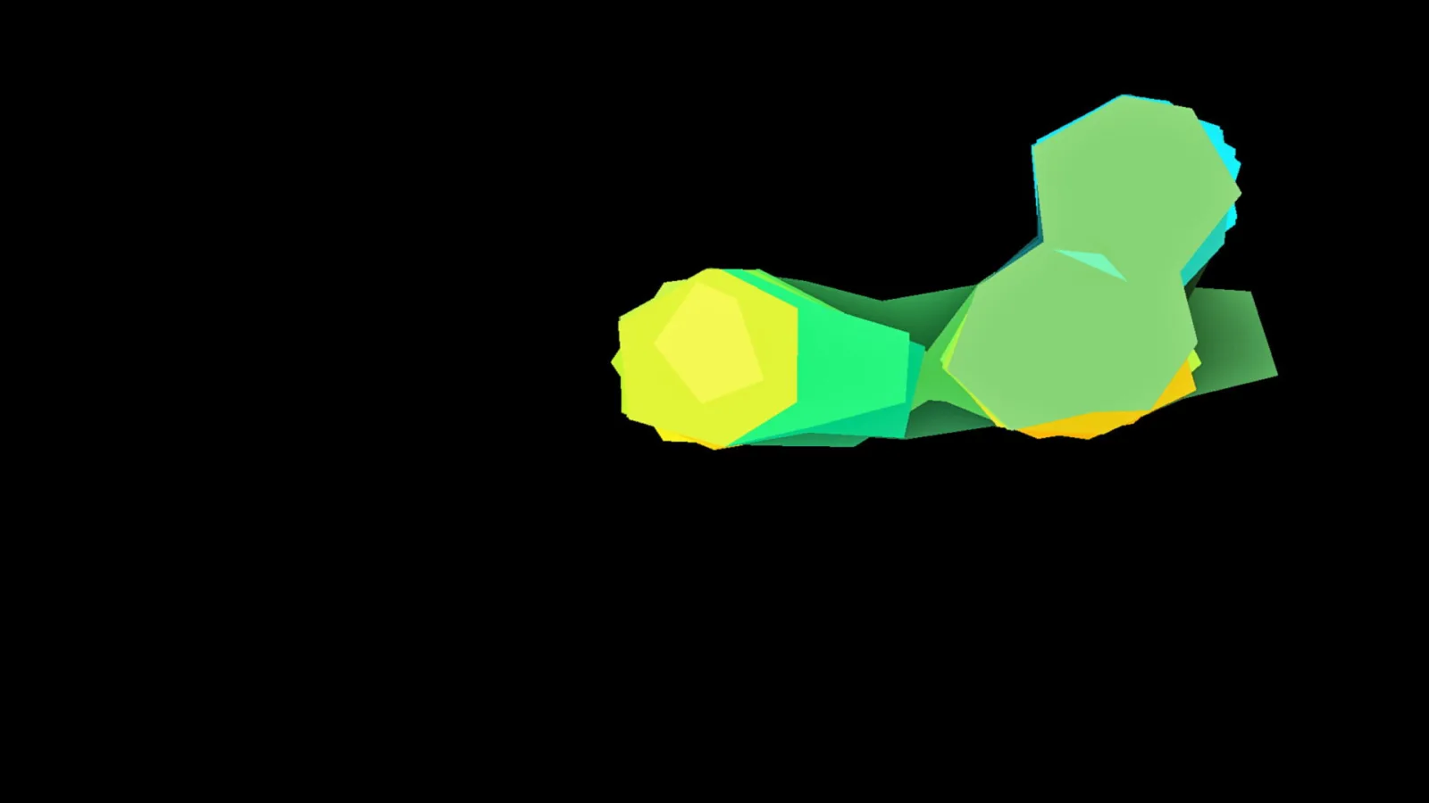 Grüne und gelbe polygonale Formen auf schwarzem Hintergrund, rechts oben zwei grüne Kugelgebilde, links eine gelbe Form.