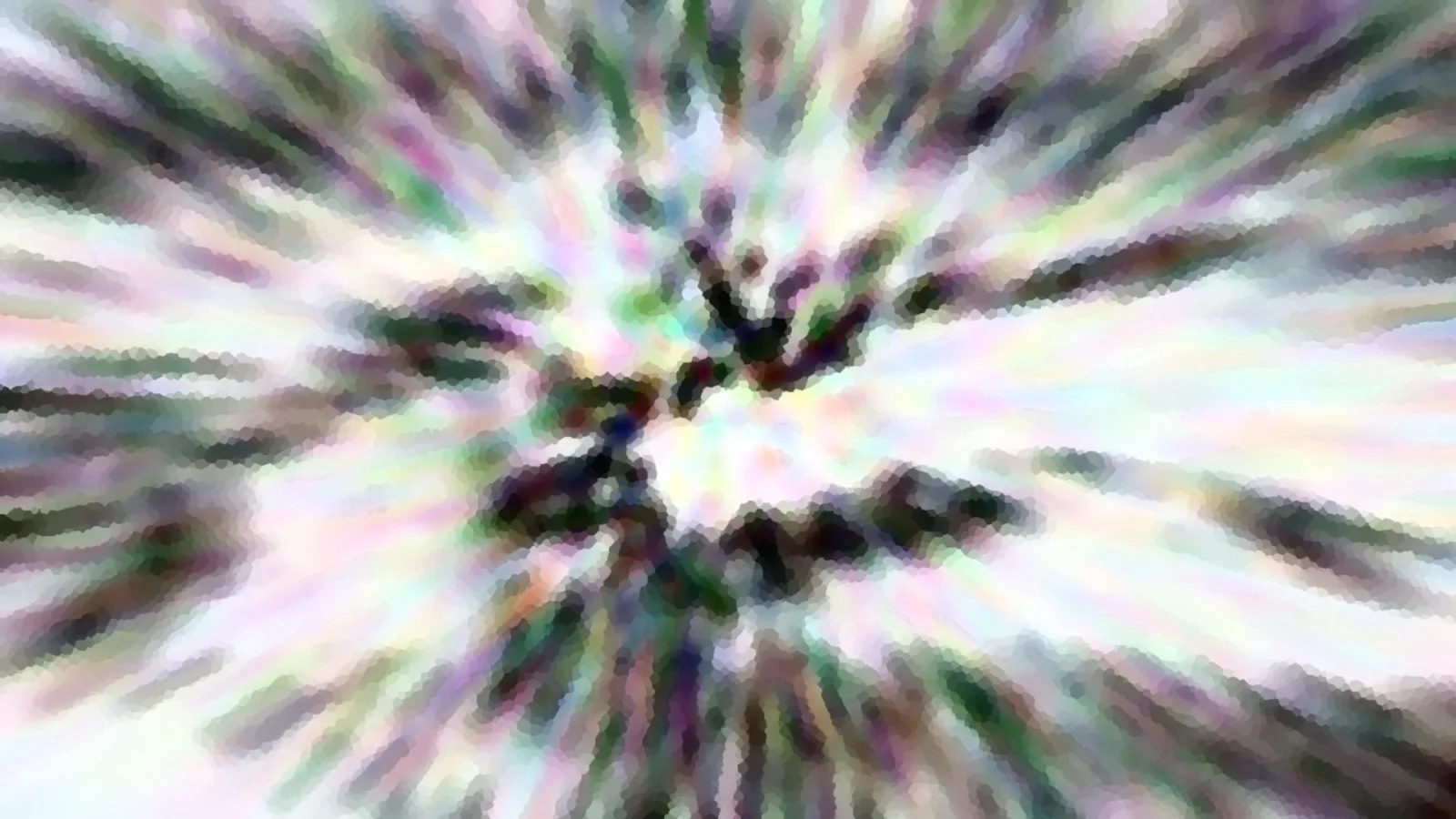 Abstrakte Komposition mit radial von der Mitte nach außen laufenden Schlieren in Pastellrosa, Grün, Lila und Weiß, im Zentrum ein dunkler Fleck.