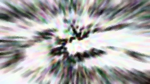 Abstrakte Komposition mit radial von der Mitte nach außen laufenden Schlieren in Pastellrosa, Grün, Lila und Weiß, im Zentrum ein dunkler Fleck.
