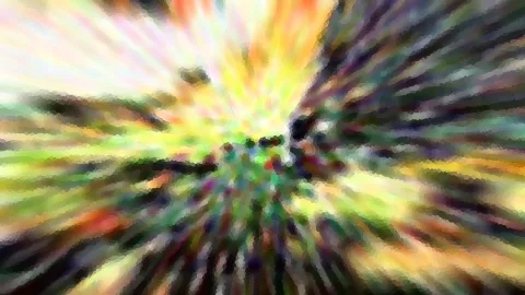 Abstrakte Komposition aus Farbstrahlen, die von einem dunklen Zentrum nach außen schießen. Gelb, Grün, Violett und Weiß wirken wie gemalte Pixel mit Zoomeffekt.