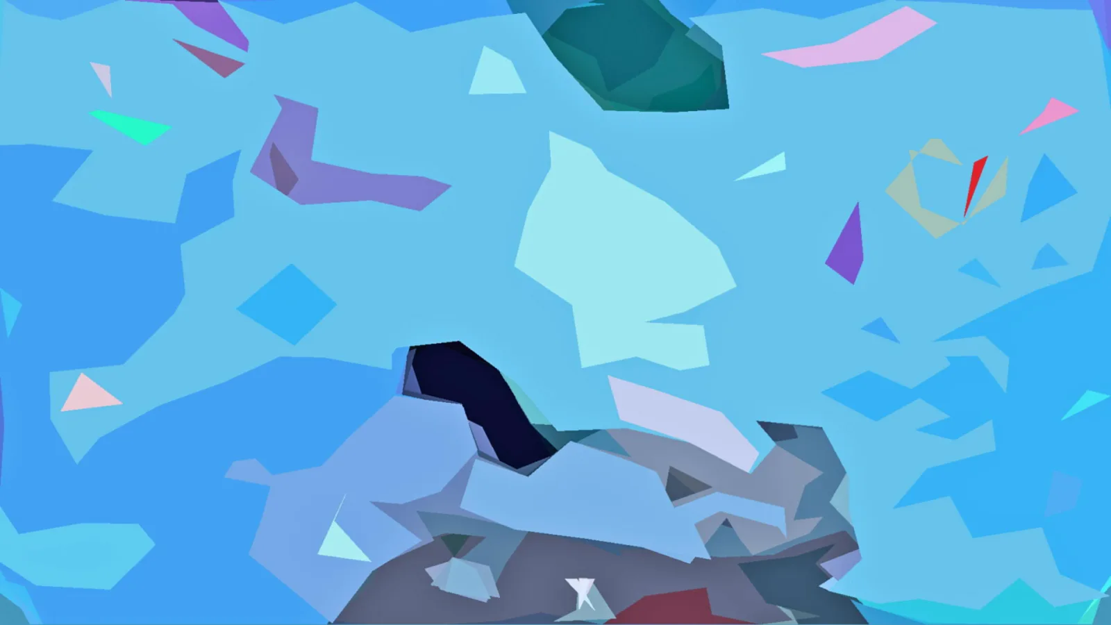 Abstrakte Komposition aus blauen, violetten und grauen Polygonen auf hellblauem Grund.