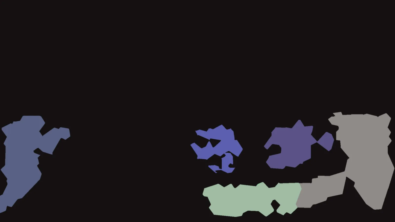 Schwarzer Hintergrund mit mehreren unregelmäßig geformten Flächen in Blau, Violett, Mintgrün und Grau, die sich vor allem im unteren Bereich verteilen.