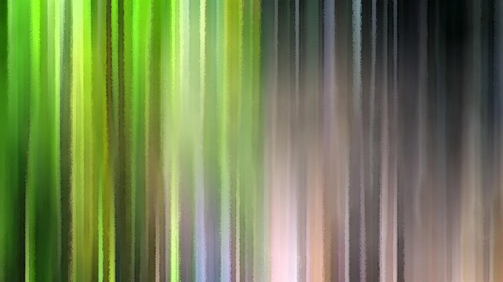 Abstraktes Bild aus senkrechten, verwischten Streifen: links leuchtend grün, rechts grau, weiß und rosa schimmernd.