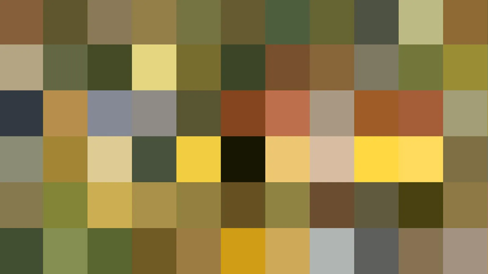 Abstraktes Mosaik aus quadratischen Farbfeldern in Oliv, Ocker, Braun und Gelb, mit einzelnen dunklen und hellen Blöcken.