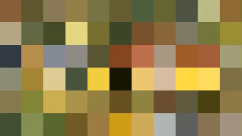 Abstraktes Mosaik aus quadratischen Farbfeldern in Oliv, Ocker, Braun und Gelb, mit einzelnen dunklen und hellen Blöcken.
