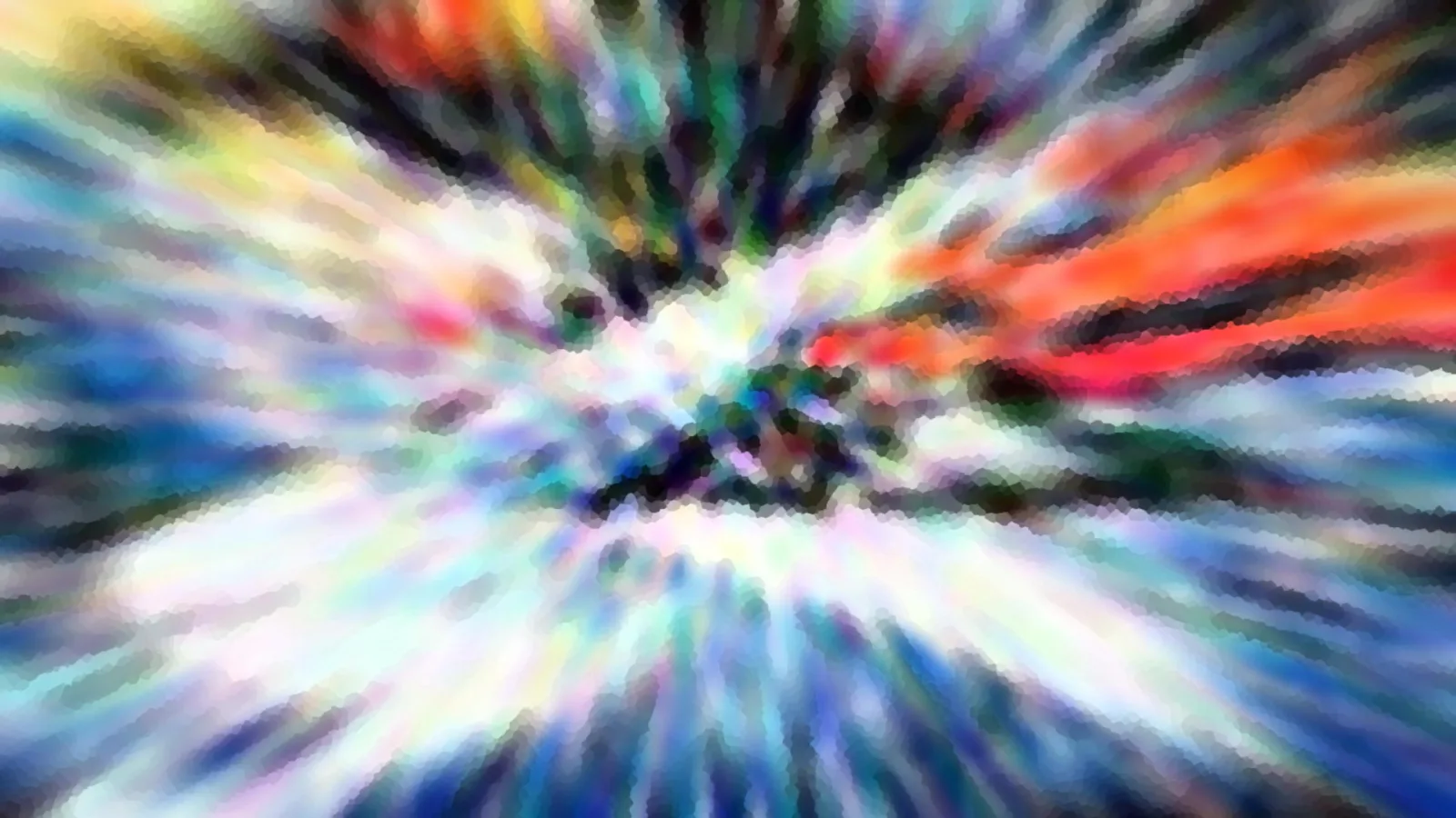 Abstrakte Komposition aus bunten Farbstrahlen, die von einem hellen Zentrum nach außen laufen, mit mosaikartiger Pixelstruktur.