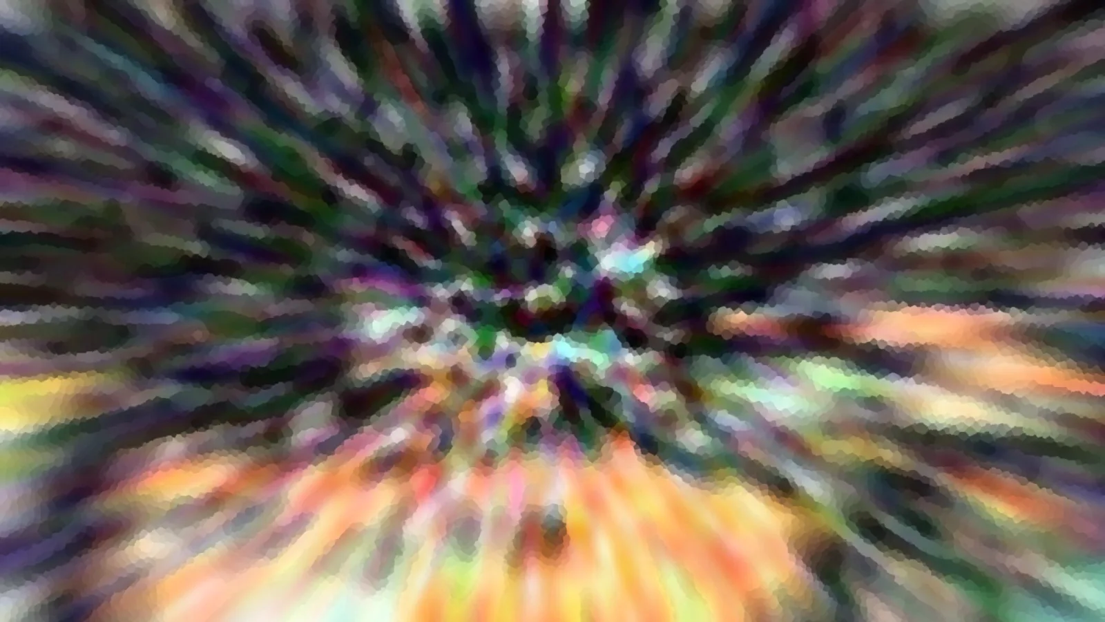 Abstrakte, radial verwischte Farbstrahlen in Grün, Violett und Orange, die von einem hellen Zentrum nach außen laufen.