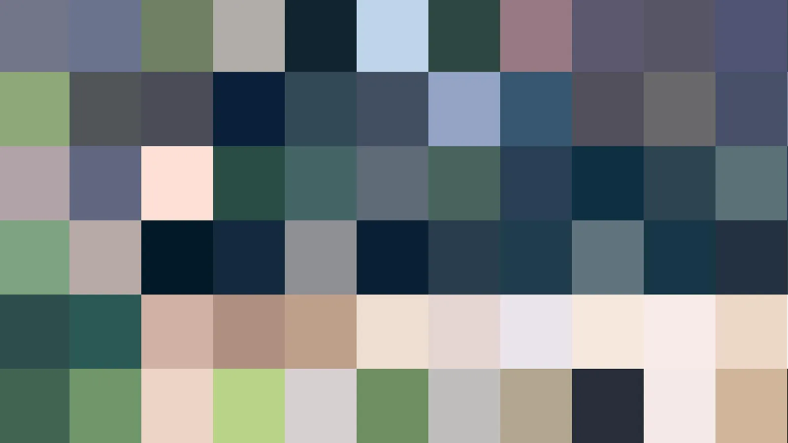Pixeliges Mosaik aus farbigen Blöcken in Blau, Grün, Grau, Beige und Rosa, in sechs Zeilen angeordnet.