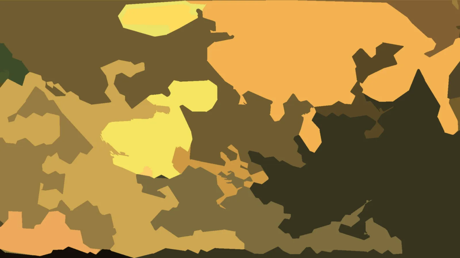 Abstrakte Komposition aus gelben, ockerfarbenen und dunkelbraunen Farbflächen mit unregelmäßigen Konturen.