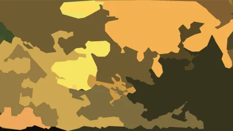 Abstrakte Komposition aus gelben, ockerfarbenen und dunkelbraunen Farbflächen mit unregelmäßigen Konturen.