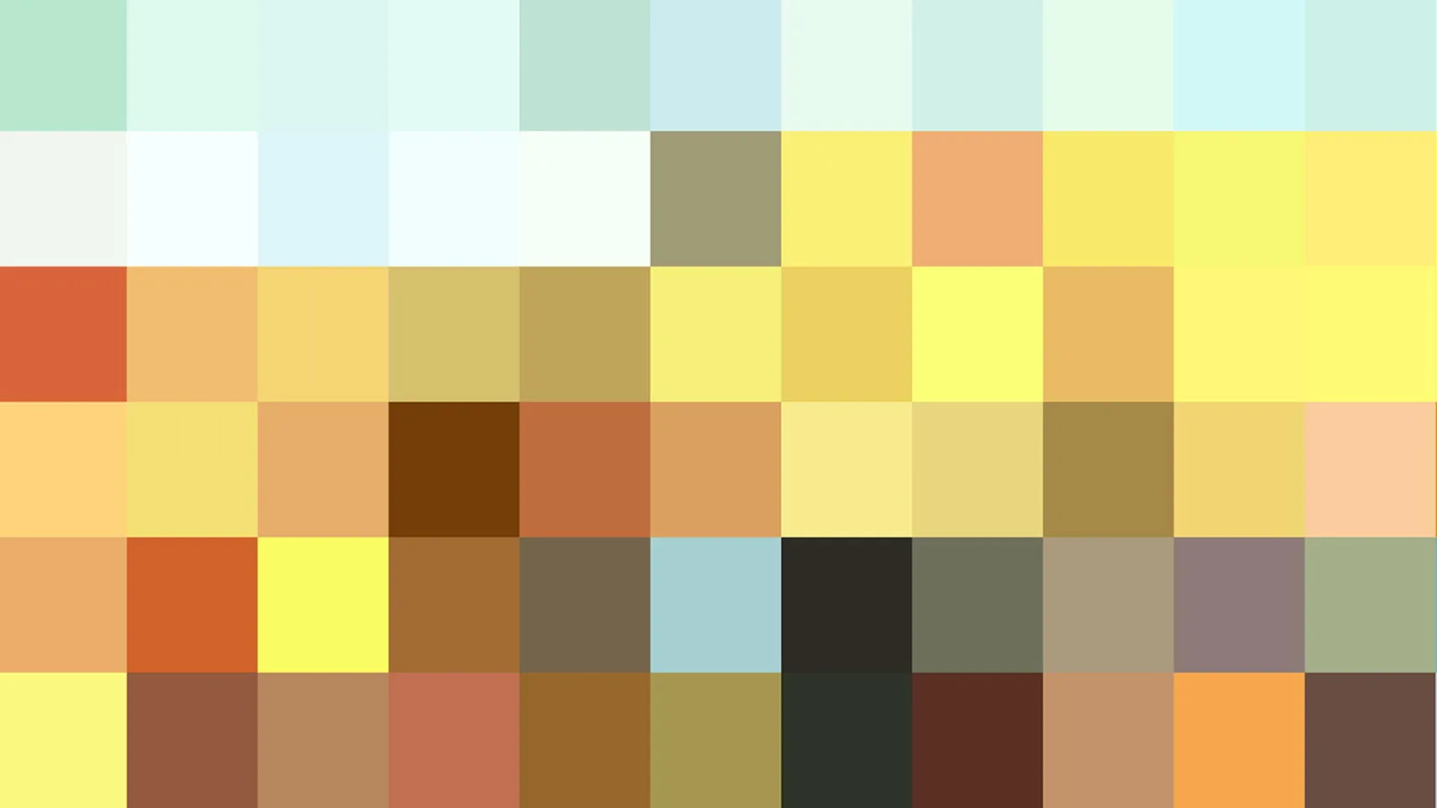 Raster aus quadratischen Farbfeldern in Mint, Gelb, Orange, Braun und Dunkelgrün, oben in hellen Pastelltönen, unten in warmen Erdfarben.