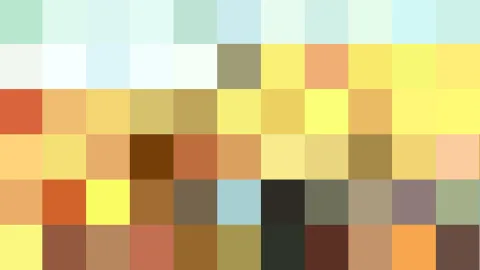 Raster aus quadratischen Farbfeldern in Mint, Gelb, Orange, Braun und Dunkelgrün, oben in hellen Pastelltönen, unten in warmen Erdfarben.