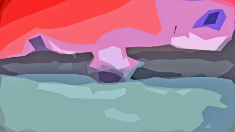 Abstraktes Bild aus flachen, kantigen Farbflächen: oben Rot und Pink, in der Mitte graue Schichten, unten Blaugrau und Petrol.