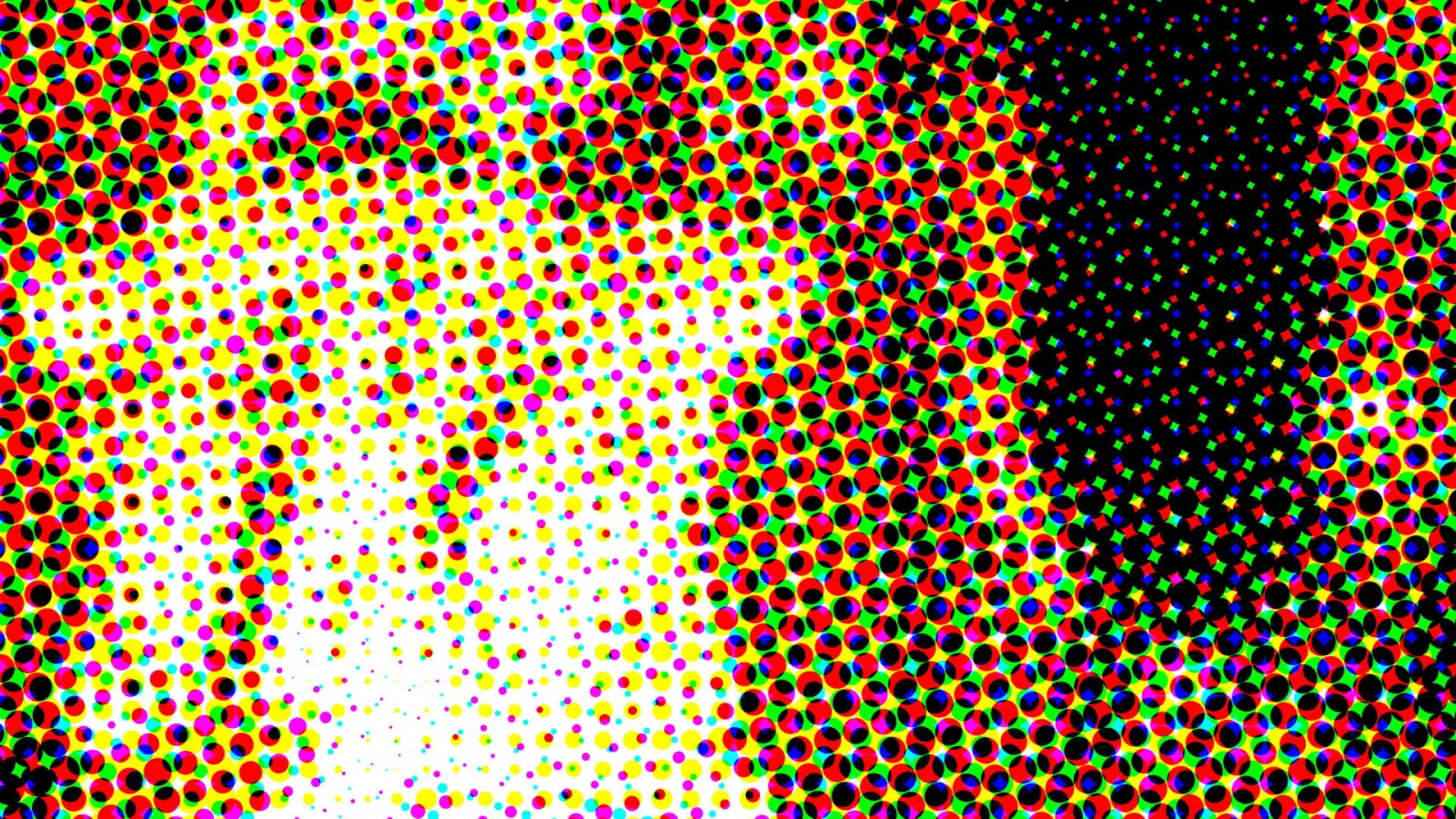 Raster aus bunten Punkten in Rot, Gelb, Grün, Blau und Schwarz, die von einem hellen Weiß links in tiefes Schwarz rechts übergehen.