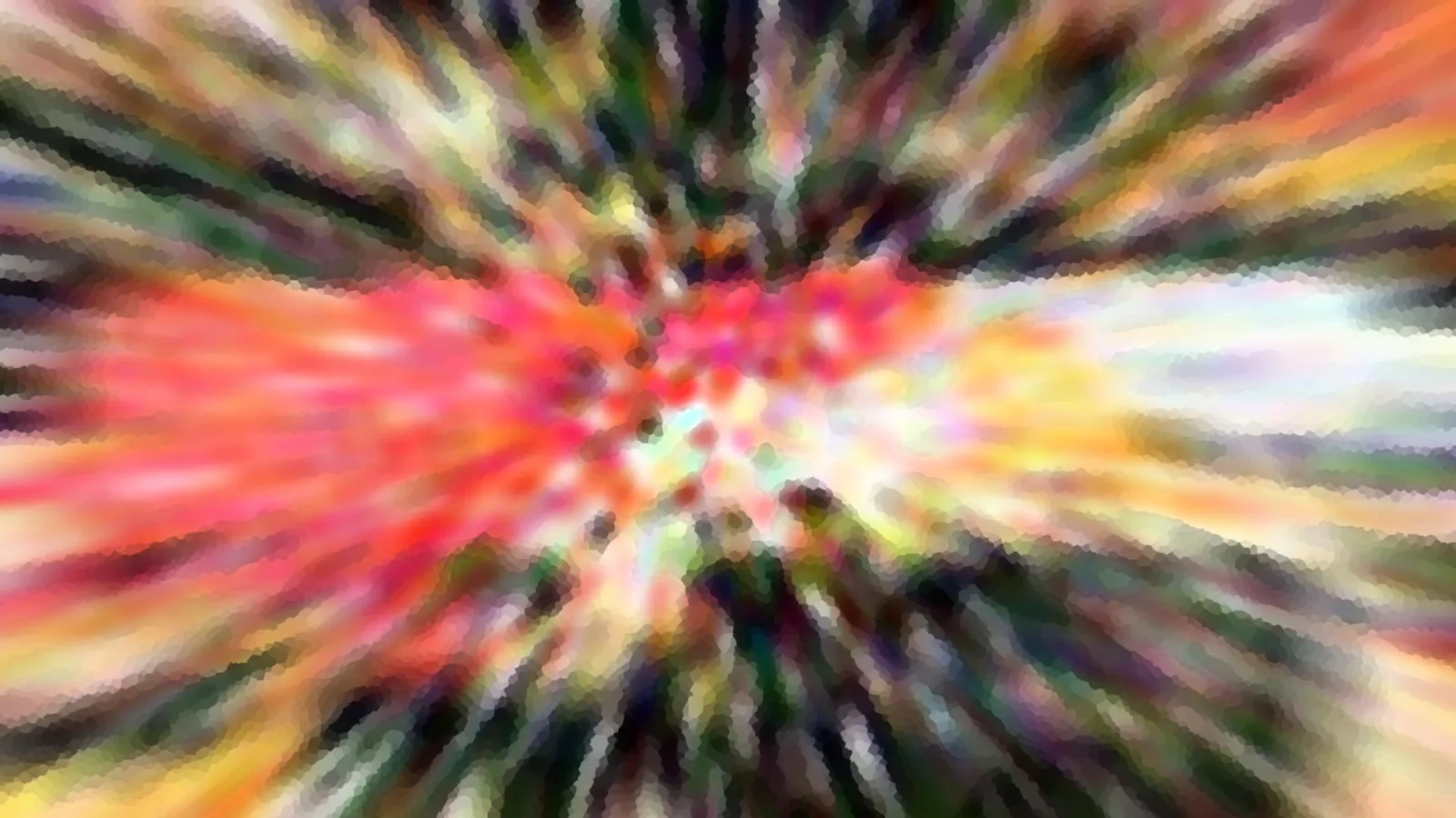 Abstrakte Komposition aus radial verwischten roten, gelben und grünen Farbstreifen mit mosaikartiger Pixelstruktur.