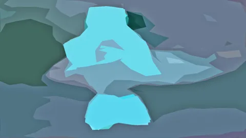Abstrakte Komposition aus türkisfarbenen und grünlichen Polygonflächen auf grau-blauem Grund.