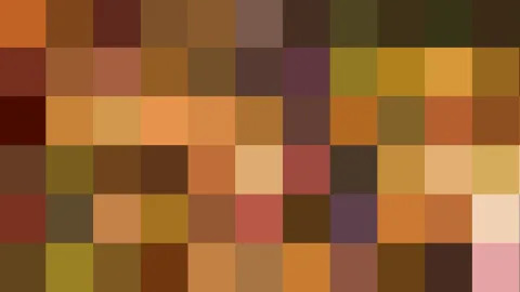 Abstraktes Raster aus quadratischen Farbfeldern in Braun, Orange, Ocker und Olivgrün, mit einzelnen rosa und beigen Feldern.