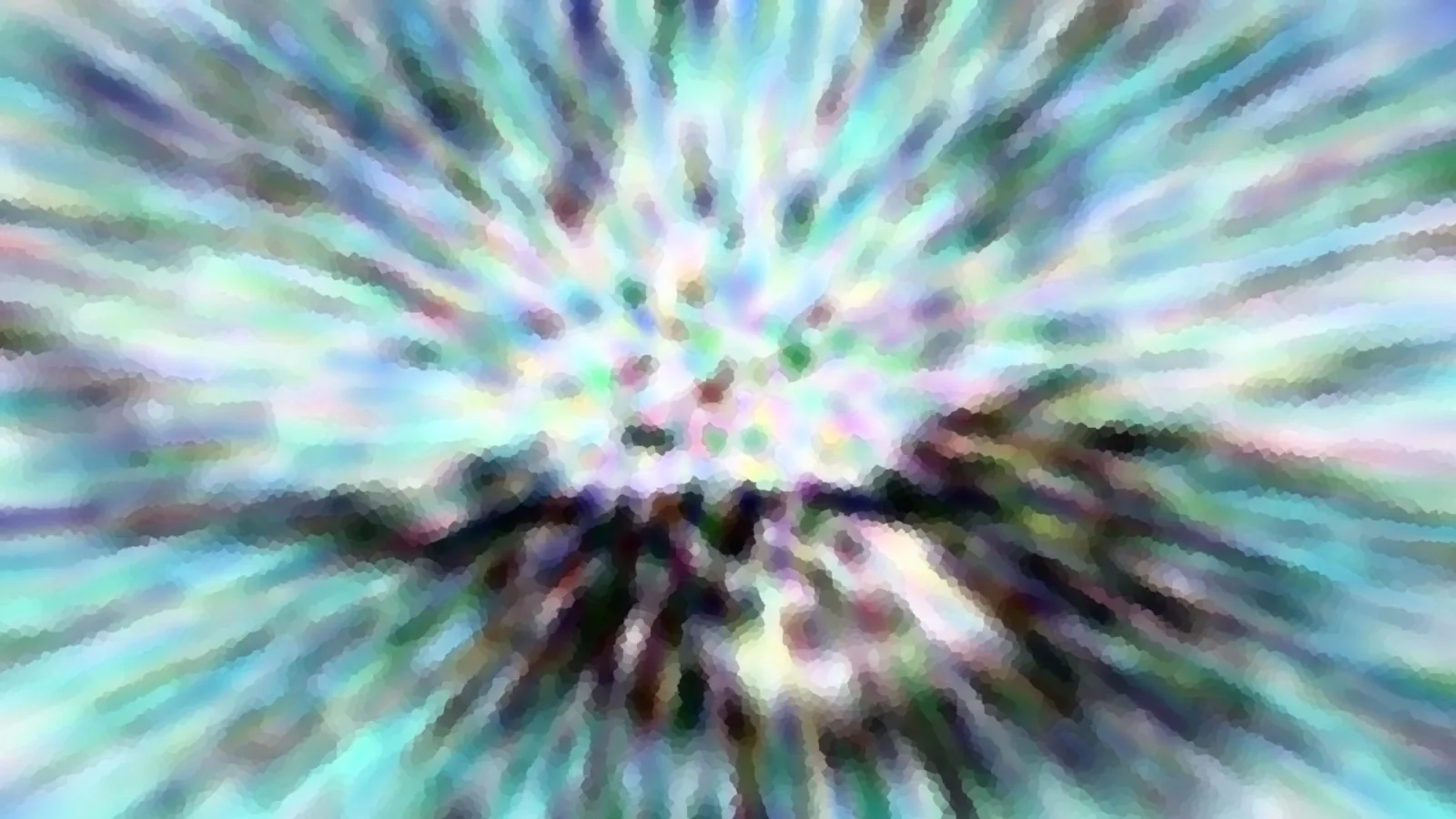 Abstrakte Komposition mit türkisen, grünen und violetten Streifen, die radial von der Mitte nach außen laufen