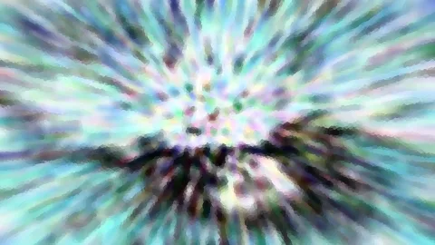 Abstrakte Komposition mit türkisen, grünen und violetten Streifen, die radial von der Mitte nach außen laufen
