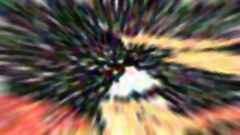 Abstrakte Komposition aus bunten, radial verlaufenden Streifen in Grün, Rot, Gelb und Violett, die zur Bildmitte zusammenlaufen.