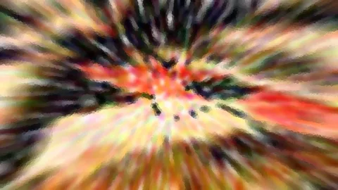 Abstrakte Komposition aus roten, gelben, grünen und dunklen Schlieren, die von einem hellen Zentrum radial nach außen strahlen und grob verpixelt wirken.