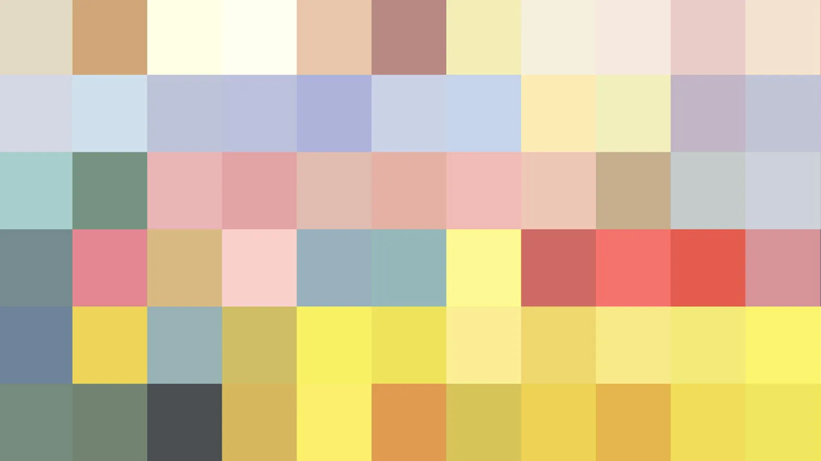 Raster aus farbigen Quadraten in Pastelltönen, dazu kräftiges Gelb, Rot und Blau in den unteren Reihen.